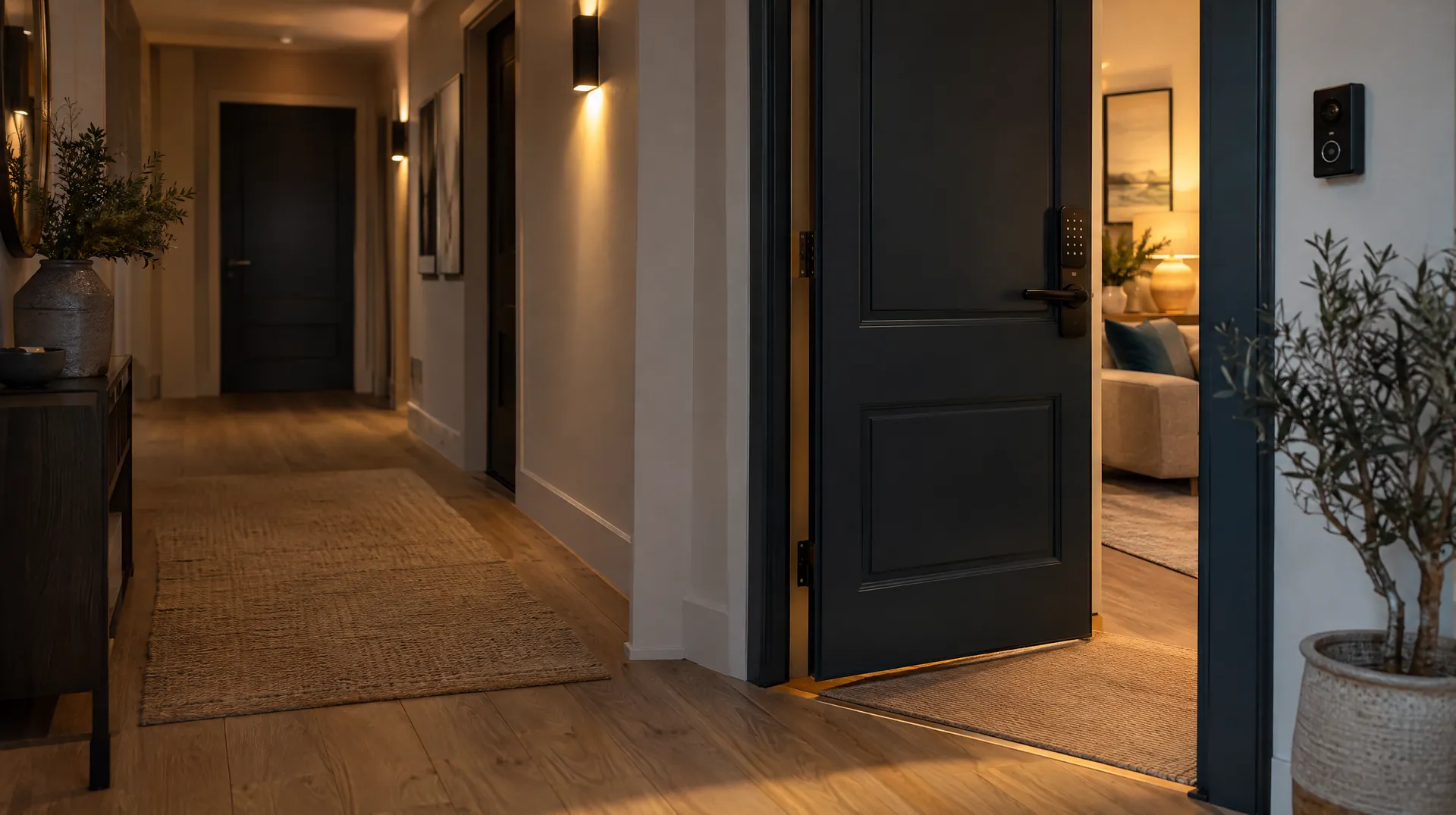 An apartment front door at night with a smart-lock keypad and a video doorbell camera, warm light spilling into the corridor