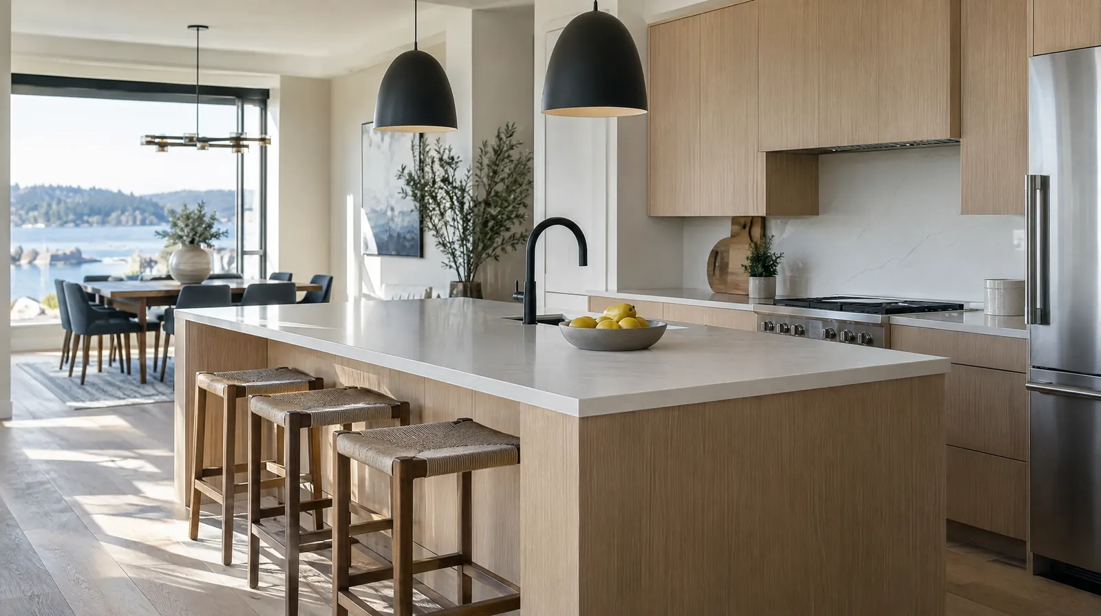 A pristine modern kitchen in morning light