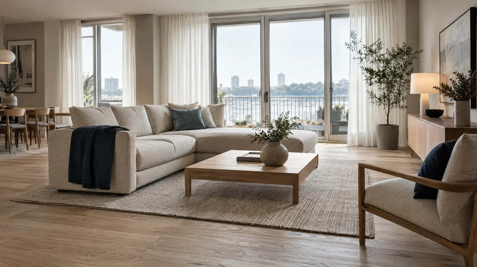 A bright, professionally furnished apartment living room