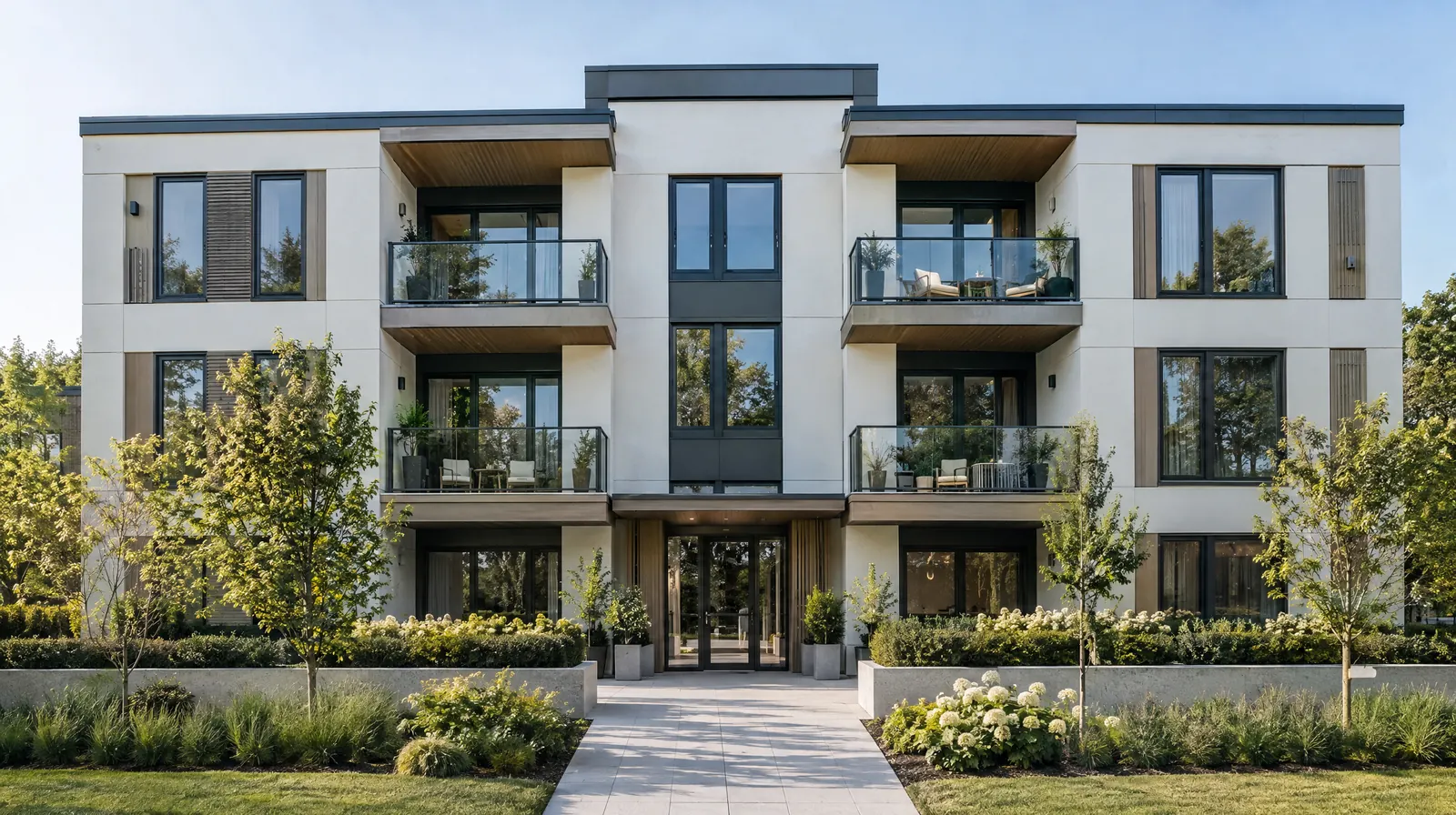 A well-kept modern multi-family building in daylight