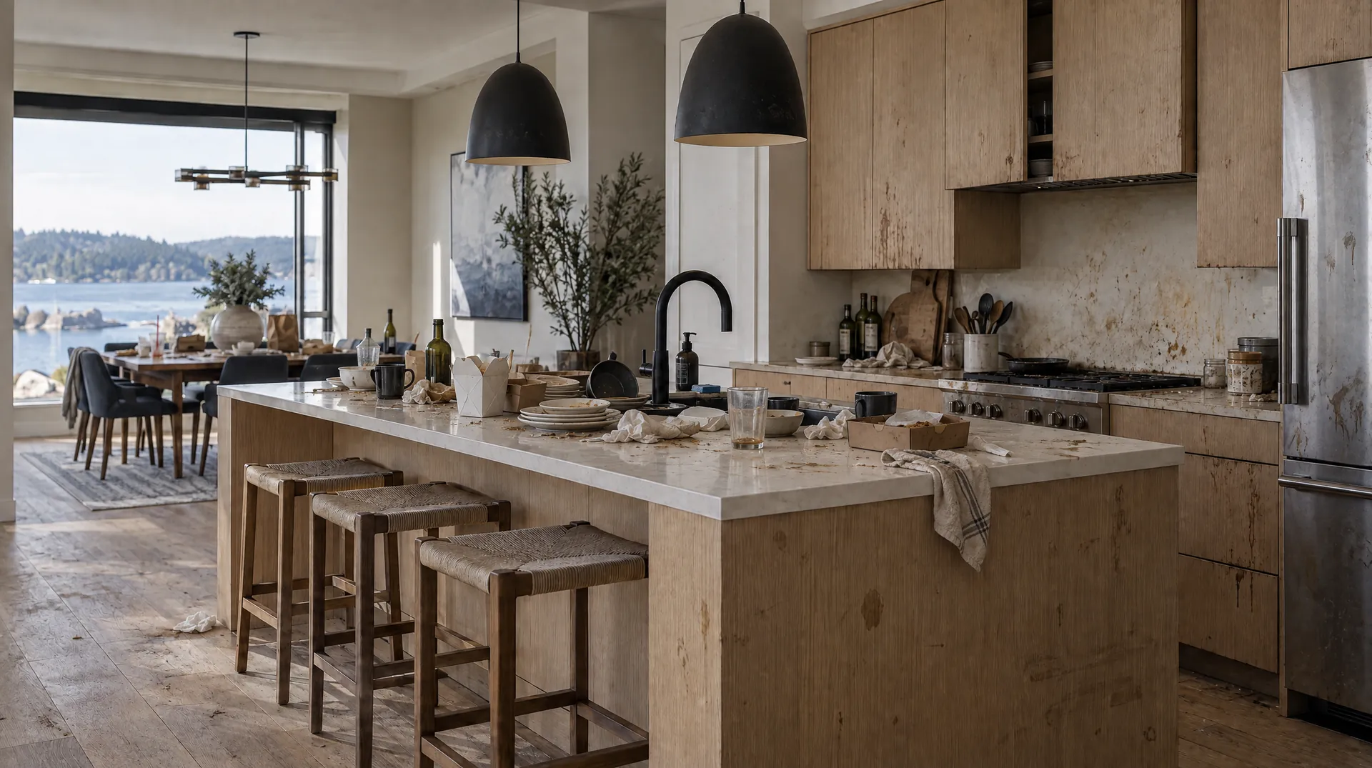The same kitchen after years with a careless long-term tenant: cluttered, scuffed and stained